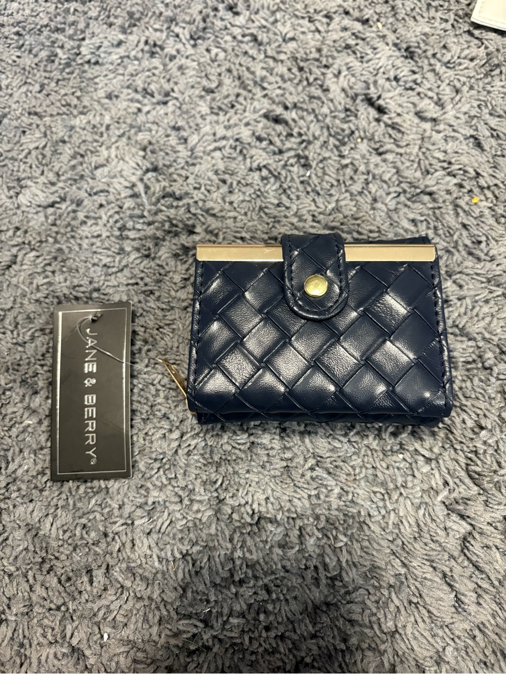 NWT Jane & Berry deep blue intertwined patterned wallet with gold accents